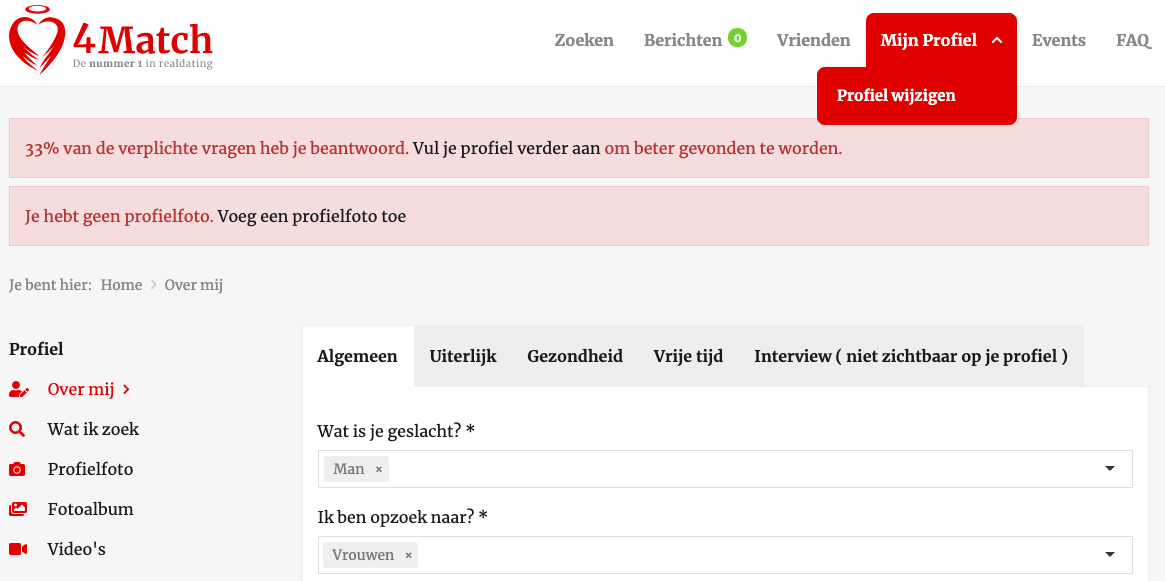 Je profiel instellen op 4Match